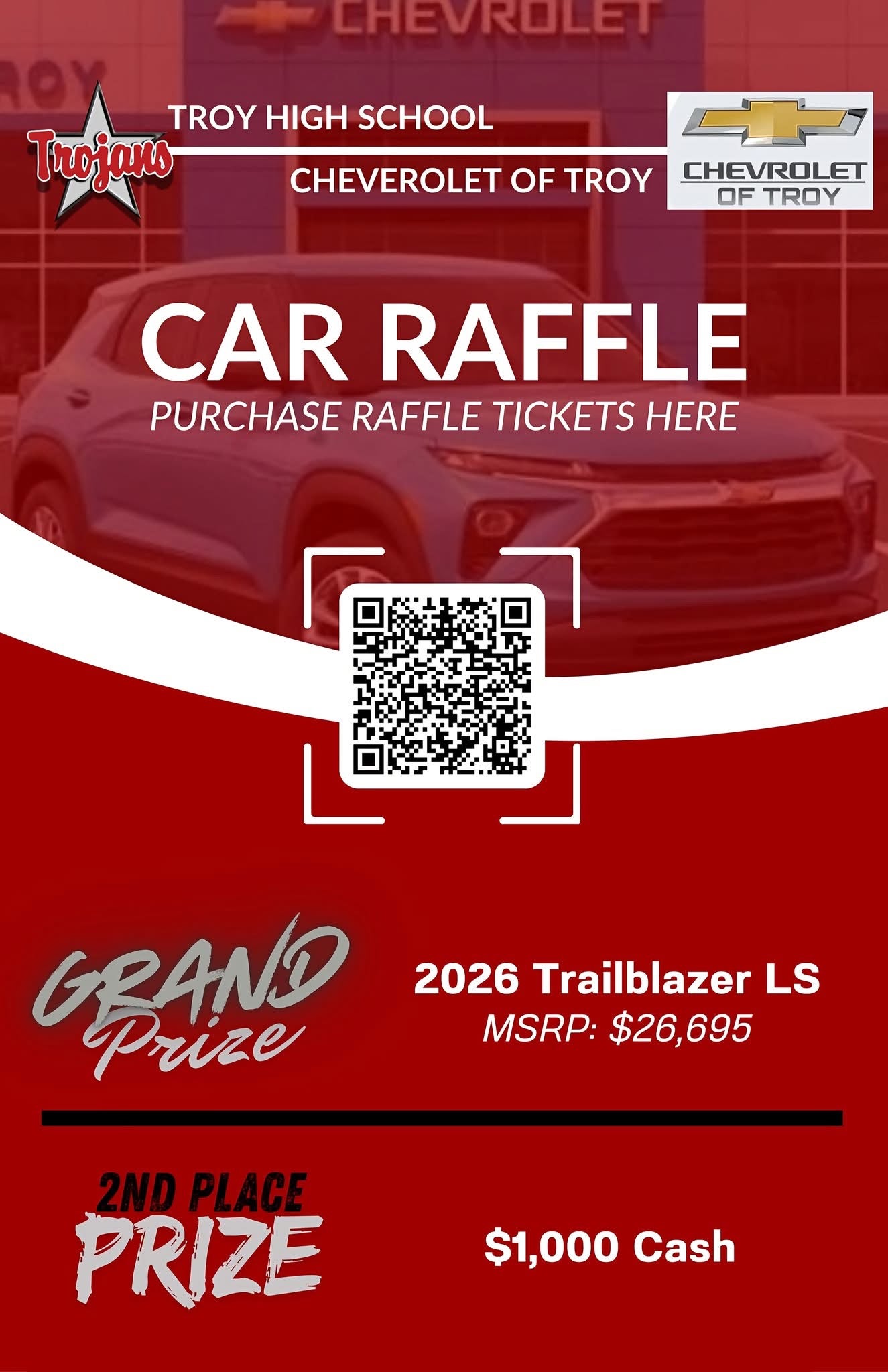 QR code and prize details for the Troy City Schools raffle